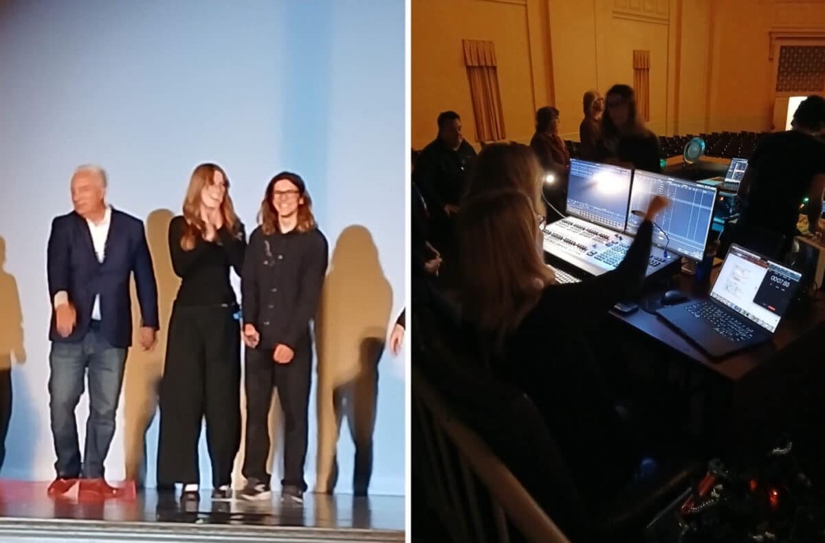 Alameda Post - A photo of three people onstage, and a photo of a sound booth. 