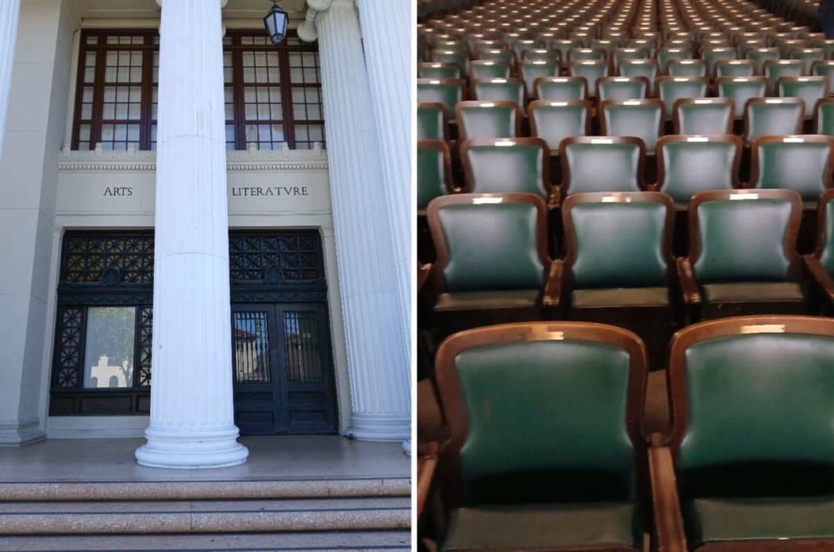 Alameda Post - the columns in front of Alameda High School and the theater seats in the Kofman auditorium.