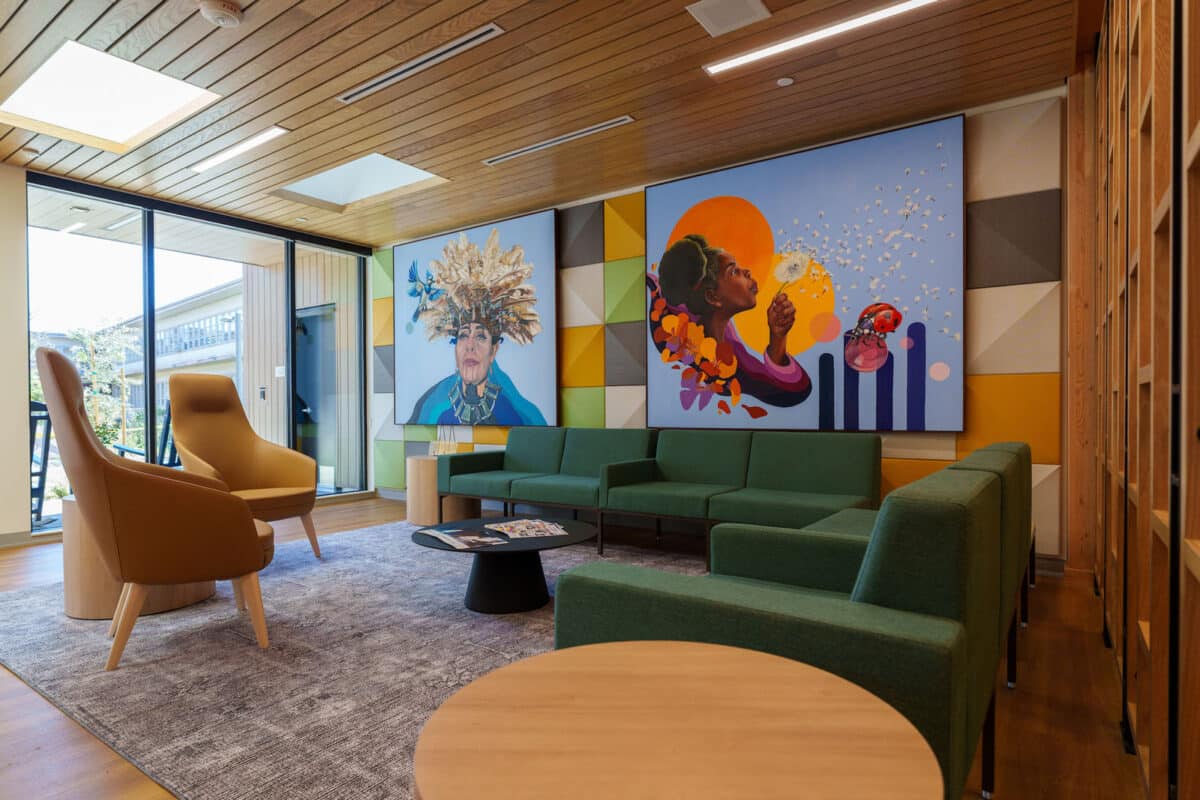 Alameda Post - A lobby with colorful artwork. 