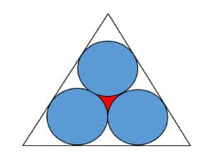 Alameda Post - A math diagram. Three congruent triangles are fitted snugly within an equilateral triangle. The circles are tangent to each other and to the sides of the triangle. The space in between the circles is red.
