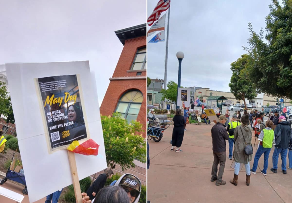 Alameda Post - A sign at the May Day protest which says "No work. No school. No Shopping." And a photo of others gathered at City Hall. 