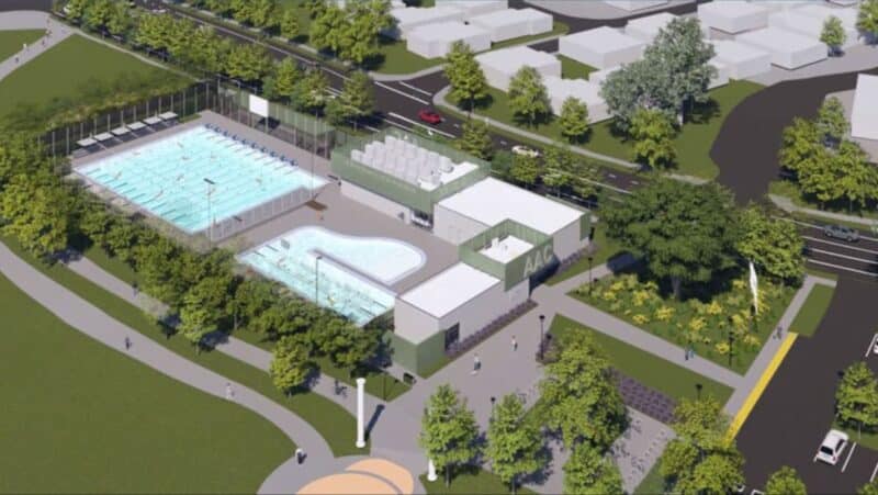 Alameda Post - An aerial render of the Alameda Aquatic Center.