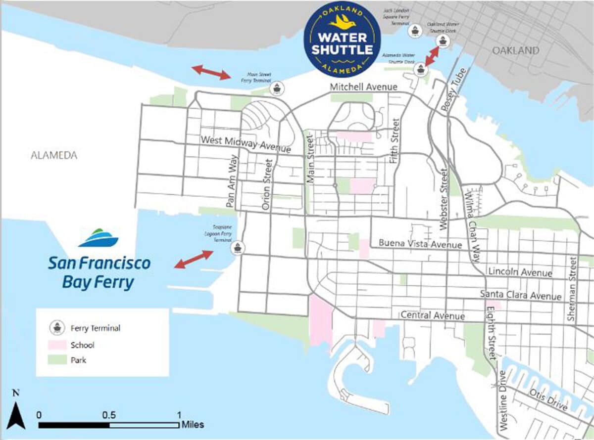 Alameda Post - A map that shows were the Oakland Alameda Water Shuttle and the S.F. Bay Ferry dock.