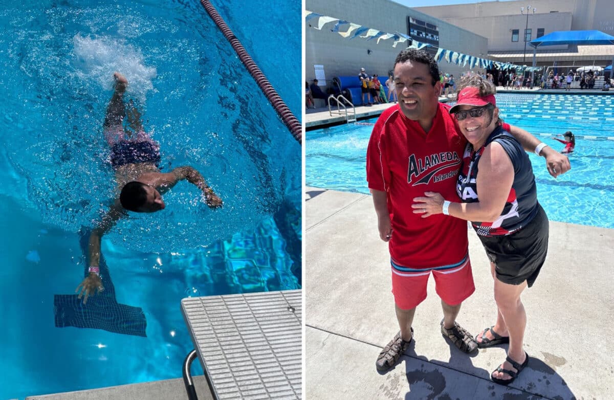 Alameda Post - A young man swimming in a lap pool, and a young man and coach smiling by a pool. 