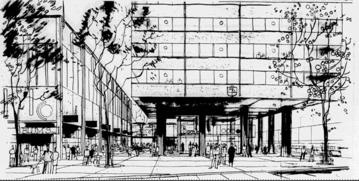 Alameda Post - A sketch of a very modern looking mid or high rise glass sided office building with people walking underneath its overhangs and along sidewalks. 