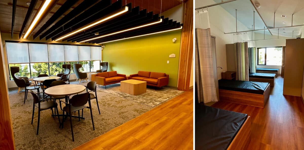 Alameda Post - A sitting area with lots of windows, and a room with beds separated by curtains. 