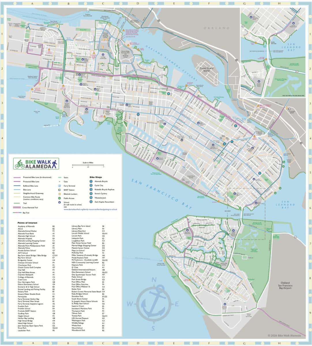 Alameda Post - A map of Alameda and Bay Farm with information on biking and walking paths. 