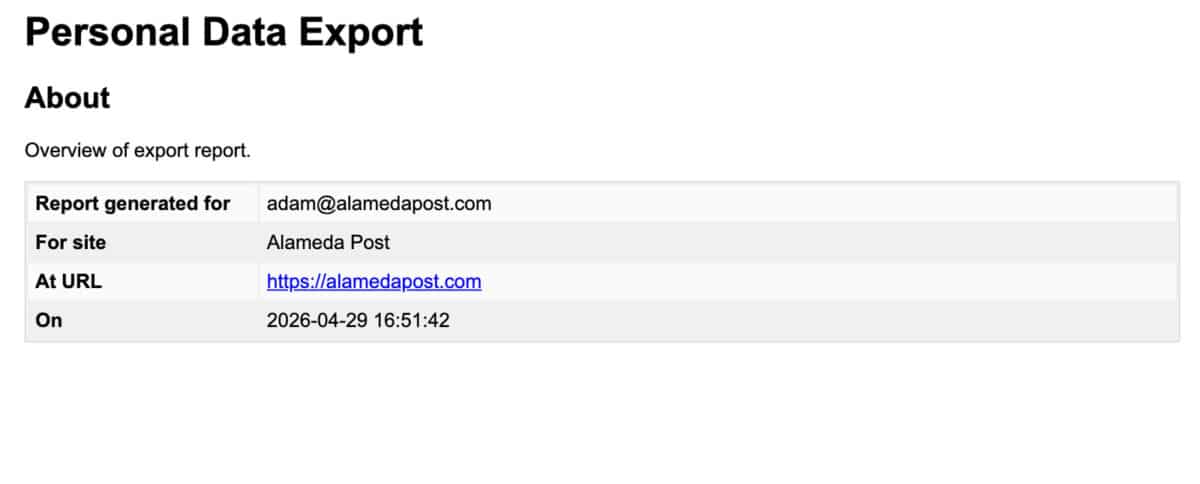 Alameda Post - A screenshot that say "Personal Data Export" and then has the name and email address for Adam, as well as the time of his visit to the website.