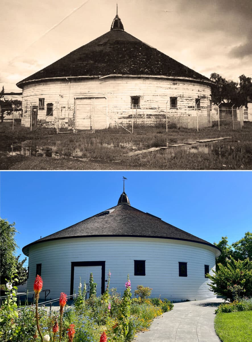 Alameda Post - A black and white photo of a round barn, and a color photo of the same barn restored.