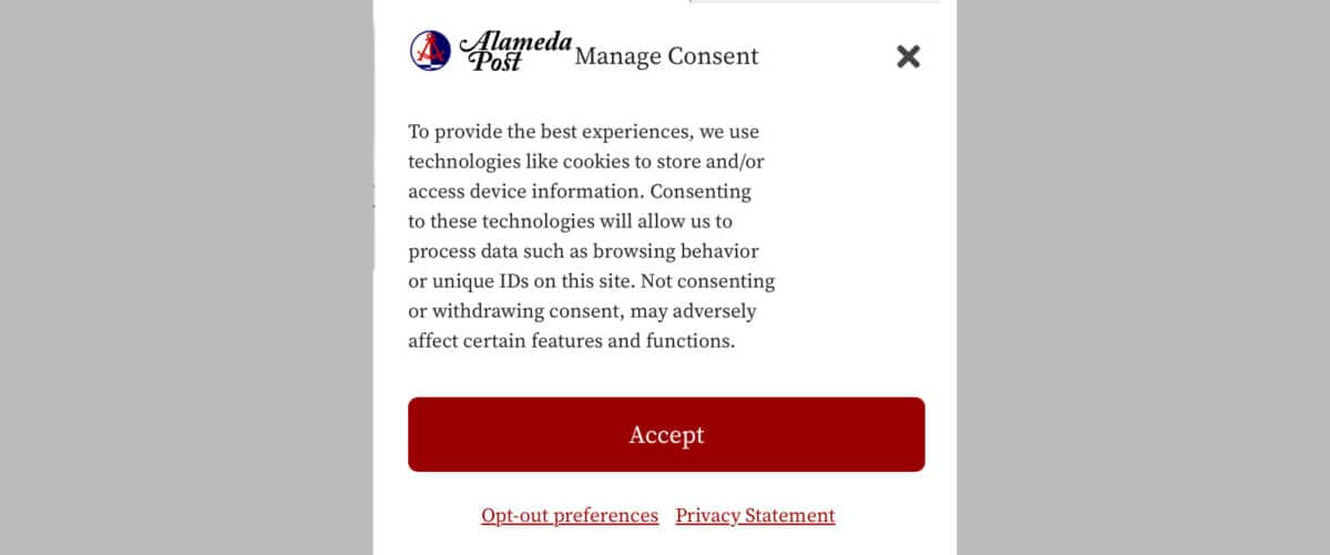 Alameda Post - A photo of a pop up window on AlamedaPost dot com asking for permissions.