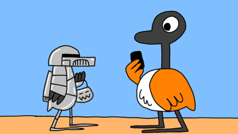 Alameda Post - Two Birds from Alameda characters. A bird in a robot halloween costume walks up to Goose.