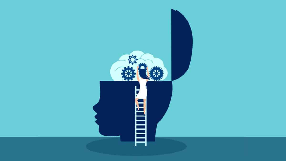 Alameda Post - A drawing of a women climbing up a a ladder to tend to the gears inside a brain. 