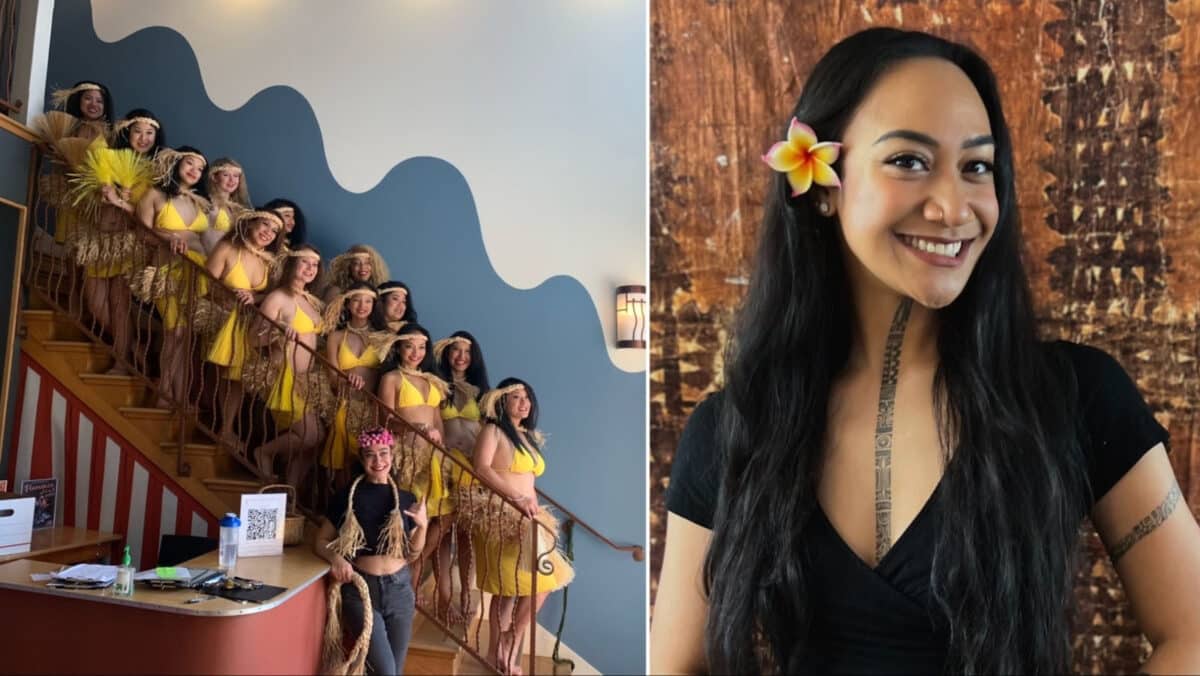 air smiles at the camera. In another photo, a group of dancers stands together and smiles.