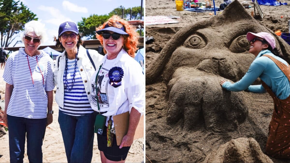 Alameda Post - A photo of a smiling contestant next to a sand sculpture of an animal, and a group photo of smiling judges and attendees. 