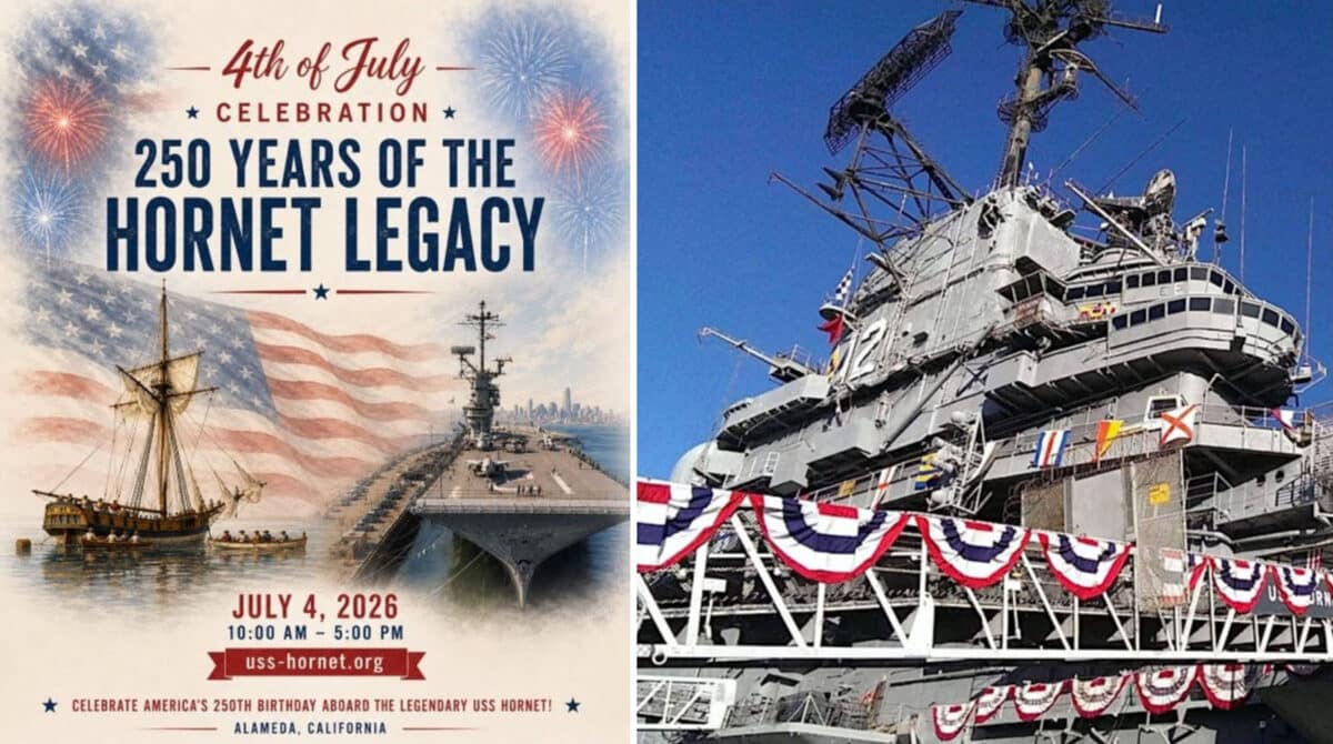 Alameda Post - The poster for the 4th of July celebration aboard the U.S.S. Hornet and a photo of the aircraft carrier decorated with red, white, and blue flags for the fourth.