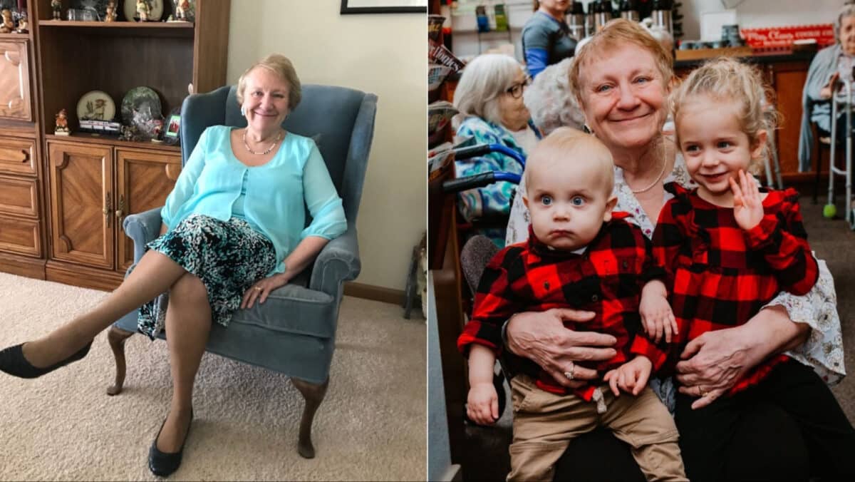 Alameda Post - Sandra Jo Amstutz smiles at the camera while sitting in a handsome chair in a decorated living room. In another photo, she holds two young children and smiles.