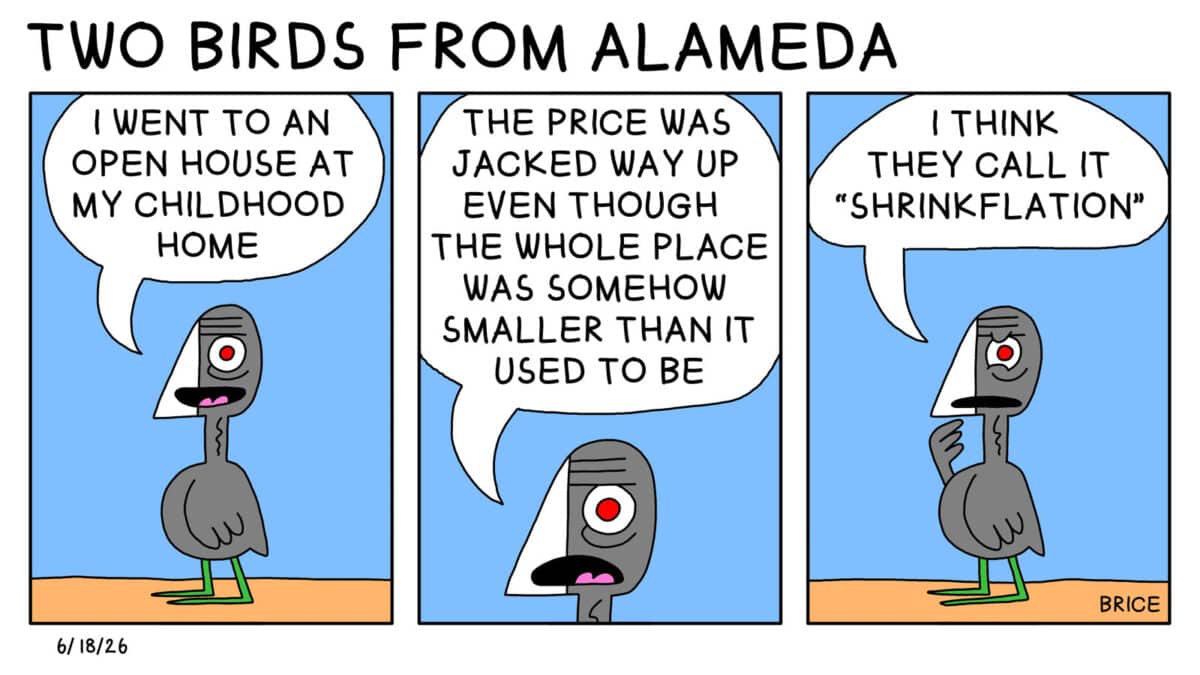 Alameda Post - Two Birds from Alameda for June 18, 2026. In all three panels, Old Coot stands and talks to themselves. They say, "I went to an open house at my childhood home. The price was jacked way up even though the whole place was somehow smaller than it used to be. I think they call it shrinkflation."