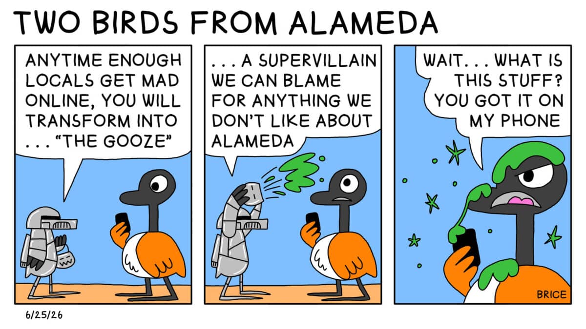 Alameda Post - Two Birds from Alameda for June 25, 2026. First panel: A bird in a robot costume walks up to Goose and says "Anytime enough locals get mad online, you will transform into The Gooze." Second panel: The costumed bird throws a bucket of green sludge on Goose and continues "A supervillain we can blame for anything we don't like about Alameda." Third panel: Goose looks disgruntled and covered in green sludge and says "Wait.. what is this stuff? You got it on my phone."