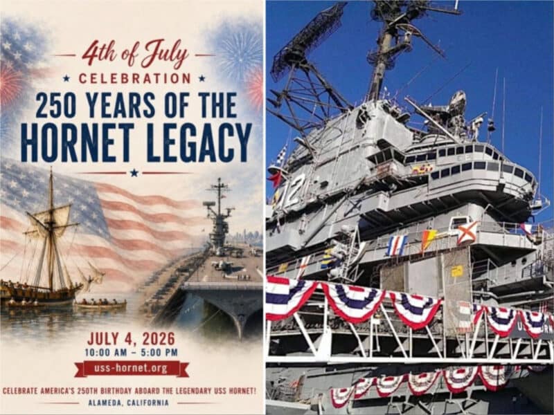 Alameda Post - The poster for the 4th of July celebration aboard the U.S.S. Hornet and a photo of the aircraft carrier decorated with red, white, and blue flags for the fourth.