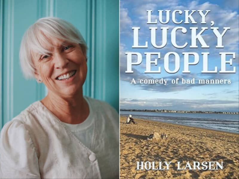 Alameda Post - A professional headshot of Holly Larsen and the cover of her book Lucky Lucky People.