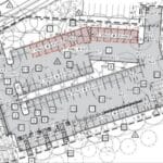Alameda Post - A diagram of a parking lot for the Aquatic Center with some spaces marked in red to be removed from the plans.