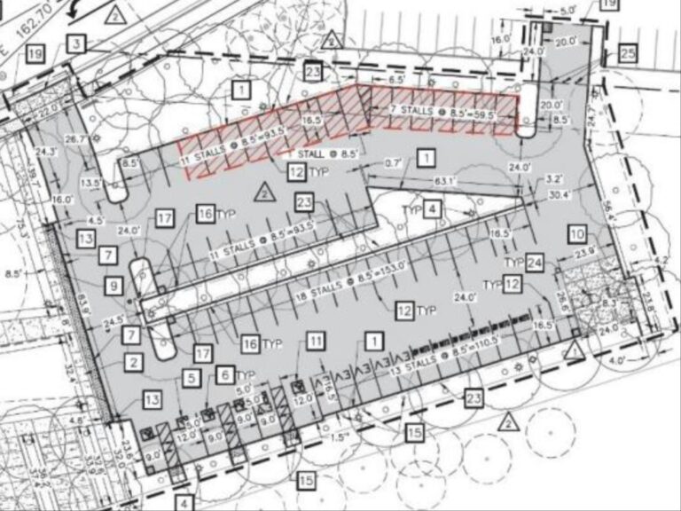 Alameda Post - A diagram of a parking lot for the Aquatic Center with some spaces marked in red to be removed from the plans.
