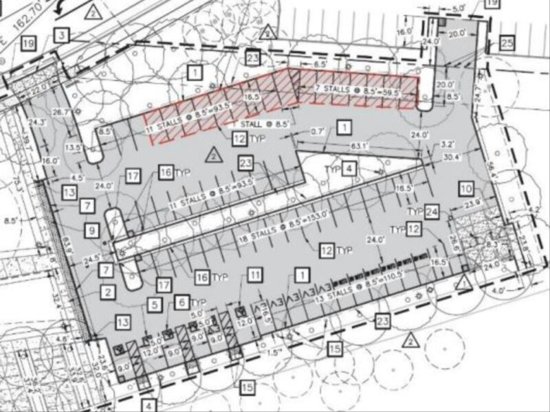 Alameda Post - A diagram of a parking lot for the Aquatic Center with some spaces marked in red to be removed from the plans.