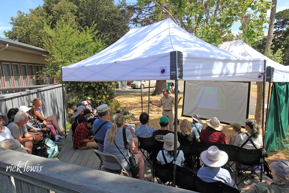 Alameda Post - A group of people sit in folding chairs underneath a tent while a person at the front gives a presentation. They are outdoors near Crab Cove Visitor Center. 