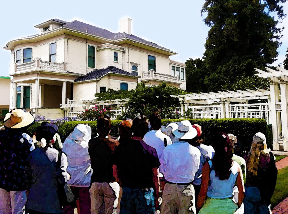 Alameda Post - A stylized photo of a crowd of people looking at the Meyers House and Garden. 