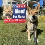 Alameda Post - Mouf the Roving Reporter do sits next to a sign that says "Mouf for Mayor with his photo.