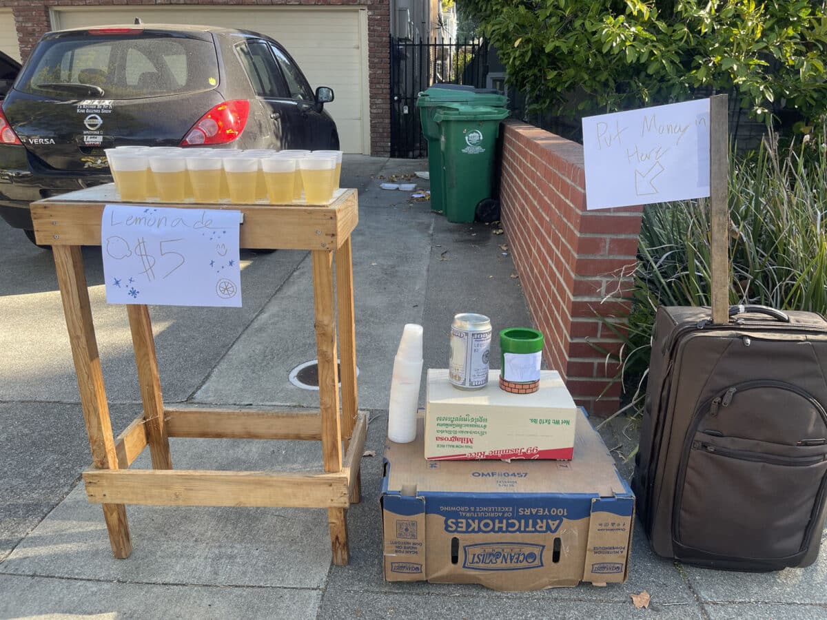 Alameda Post - A makeshift lemonade stand in a driveway. A small table holds rows of lemonade, and homemade signs instruct the price and where to put money. 