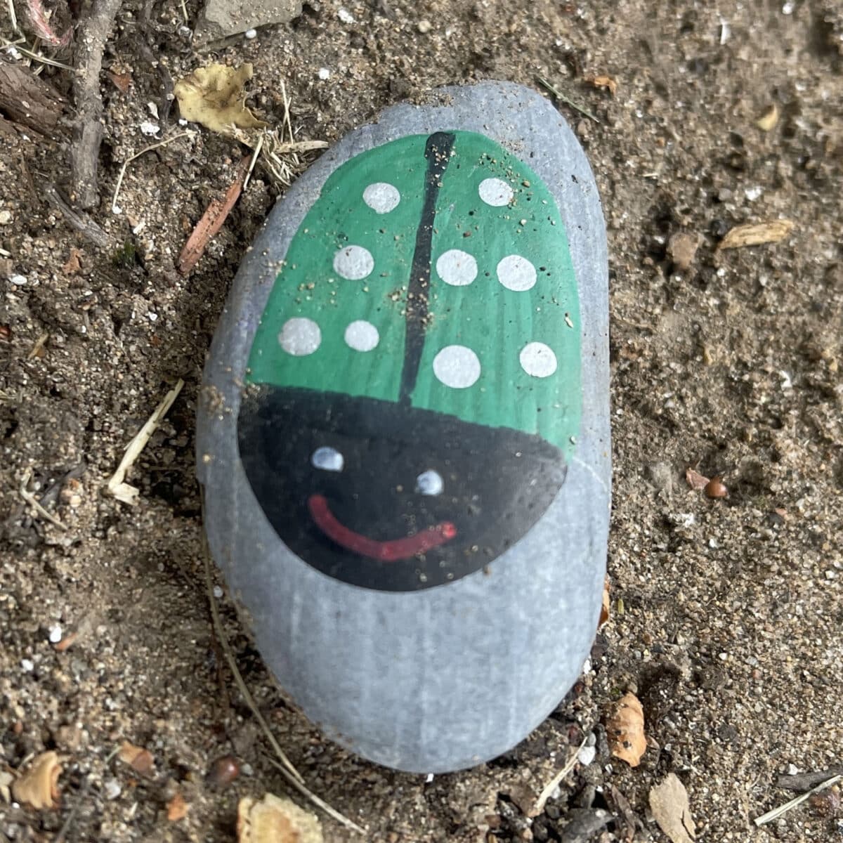Alameda Post - A smooth stone on the ground painted with a green ladybug. 