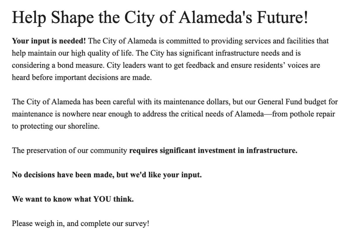 Alameda Post - A screenshot of a survey form that says "Help Shape the City of Alameda's Future"