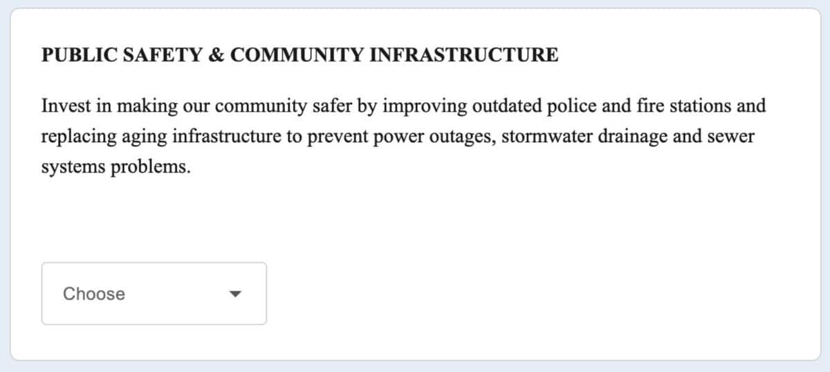 Alameda Post - A screenshot of a survey form question titled "Public safety and community infrastructure" with a dropdown menu. 