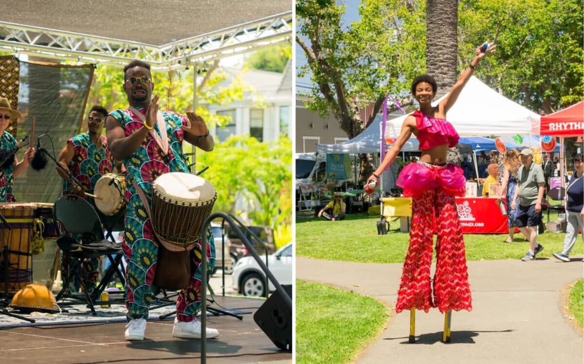 Alameda Post - photos of performers at Unity Fest. In one, a man in colorful clothing plays a percussion instrument onstage. In another, a woman walks on some kind of stilts at Chochenyo park.