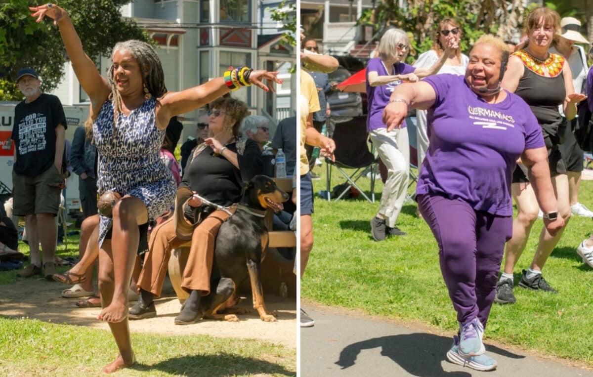 Alameda Post - Two photos of women joyfully dancing outdoors at Chochenyo park , either in front of an audience or with participants.