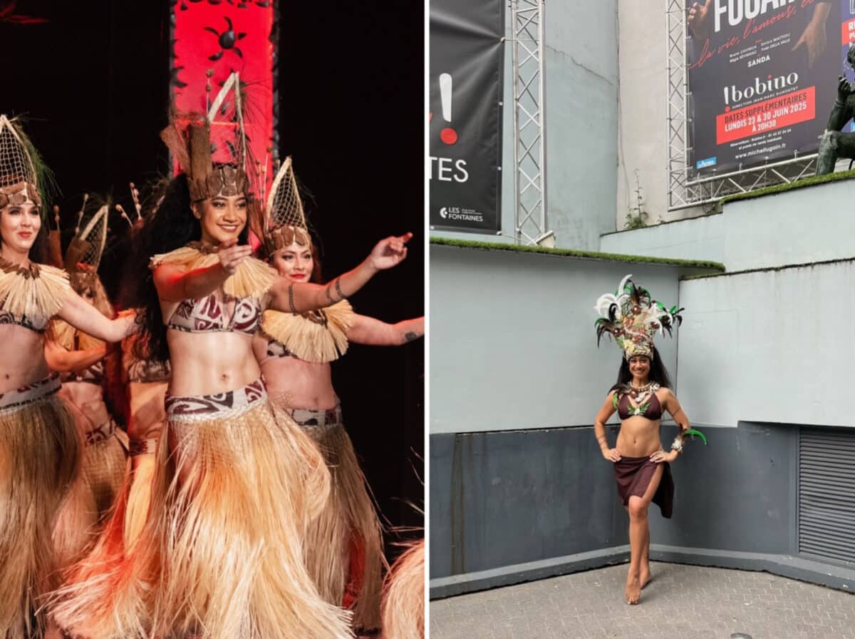 Alameda Post - A photo of a dancer onstage with a group of women, and a photo of the same dancer posing in her costume.