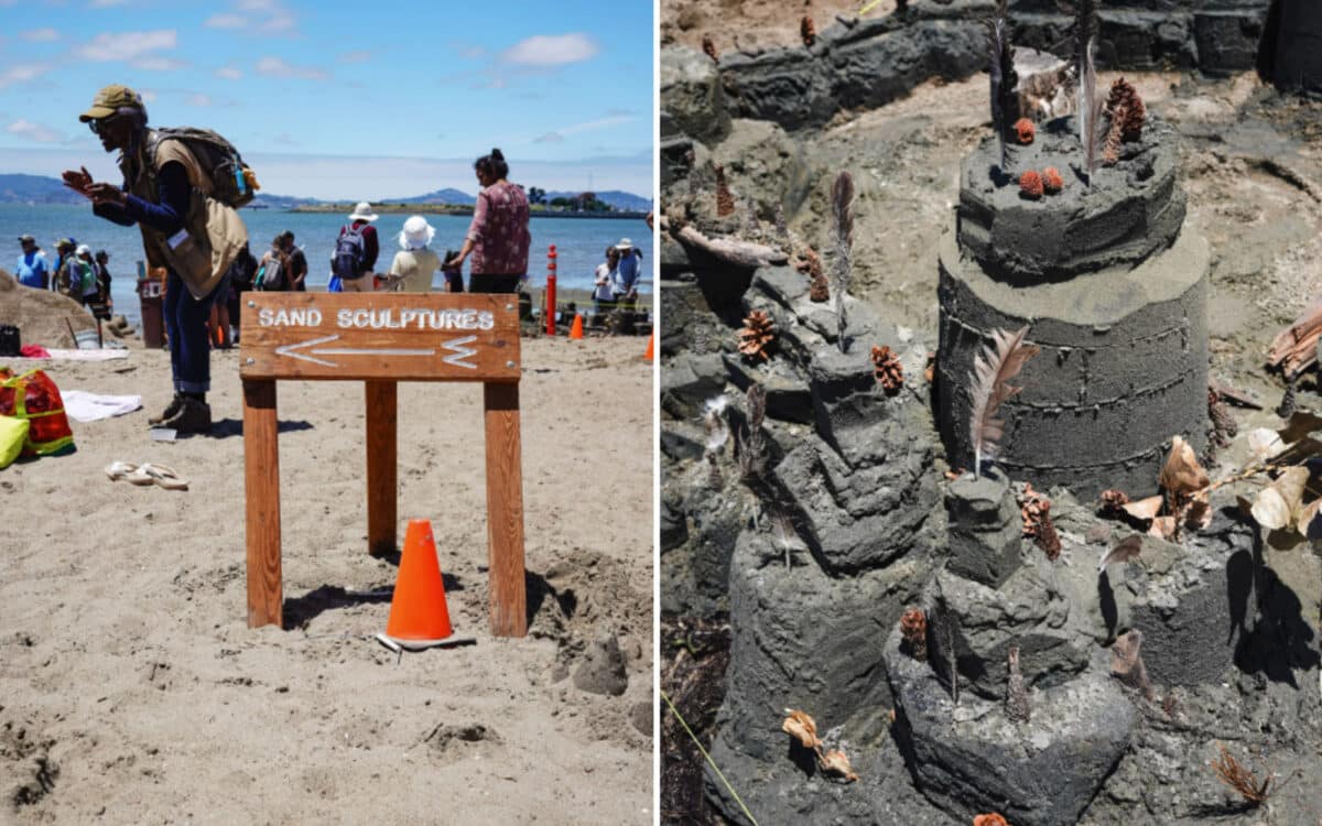 Alameda Post - A sign on the beach with an arrow that says Sand Sculptures, and a photos of a sand castle decorated with leaves. 