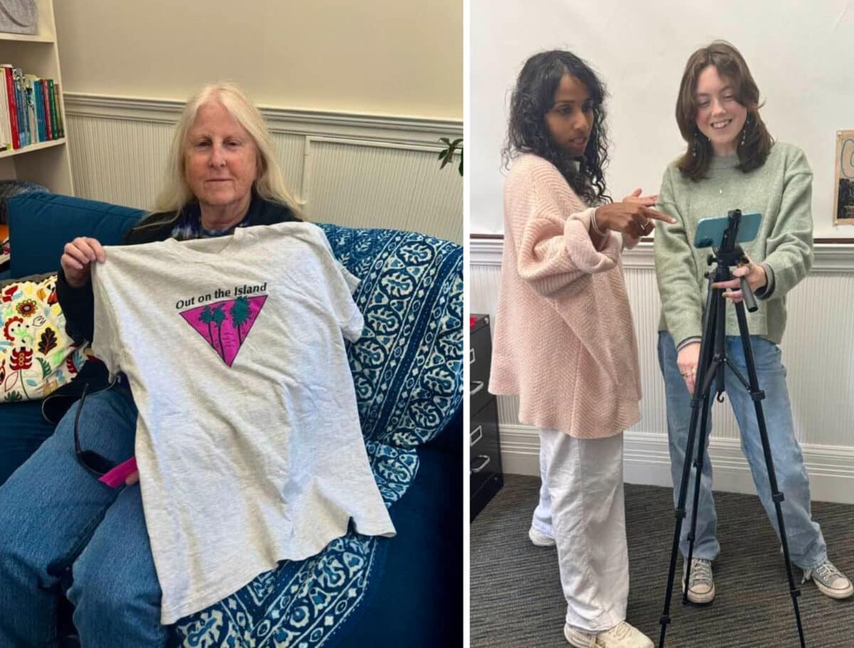 Alameda Post - A photo of a woman holding a shirt, and a photo of two people setting up a tripod.