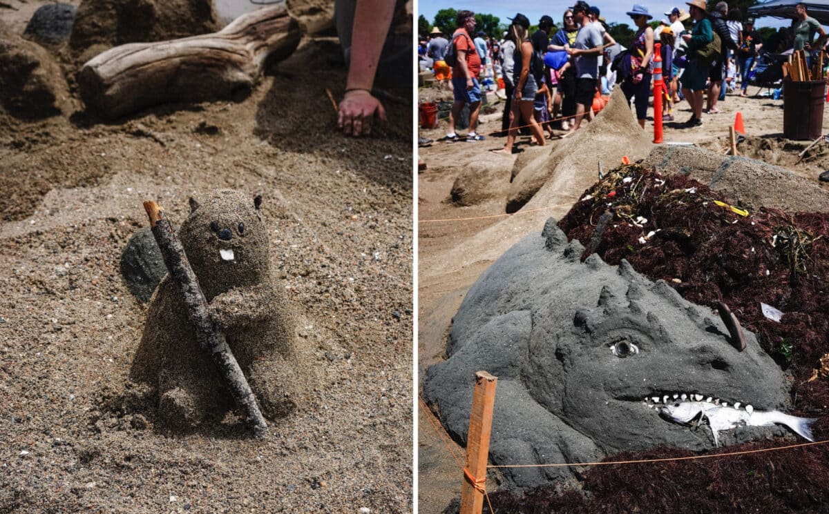 Alameda Post - Sand sculptures of a beaver and a monster with a real dead fish in its mouth. 