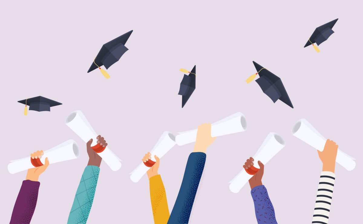 Alameda Post - A drawing of hands holding diplomas and throwing graduation caps.