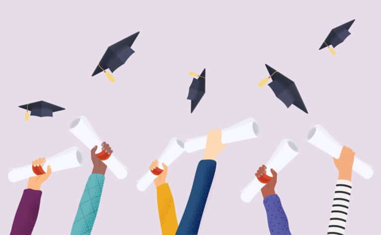 Alameda Post - A drawing of hands holding diplomas and throwing graduation caps.