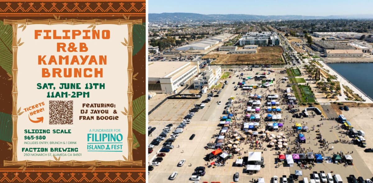 Alameda Post - A poster for the Filipino R&B Kamayan Brunch and a drone photo of Radium Runway during Filipino Island Fest.