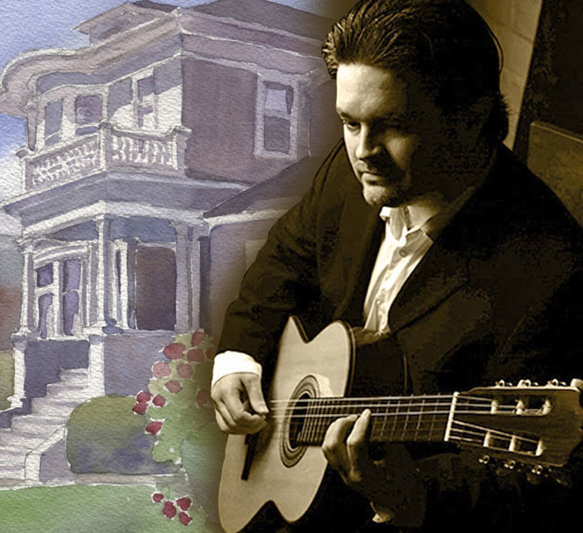 Alameda Post - A painting of the Meyers House and Garden and a black and white photo of a man with a guitar. 