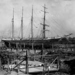 Alameda Post - A black and white photo of a beautiful four mast wooden ship.