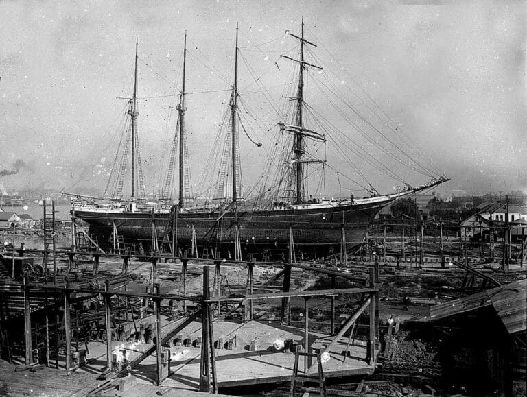 Alameda Post - A black and white photo of a beautiful four mast wooden ship.