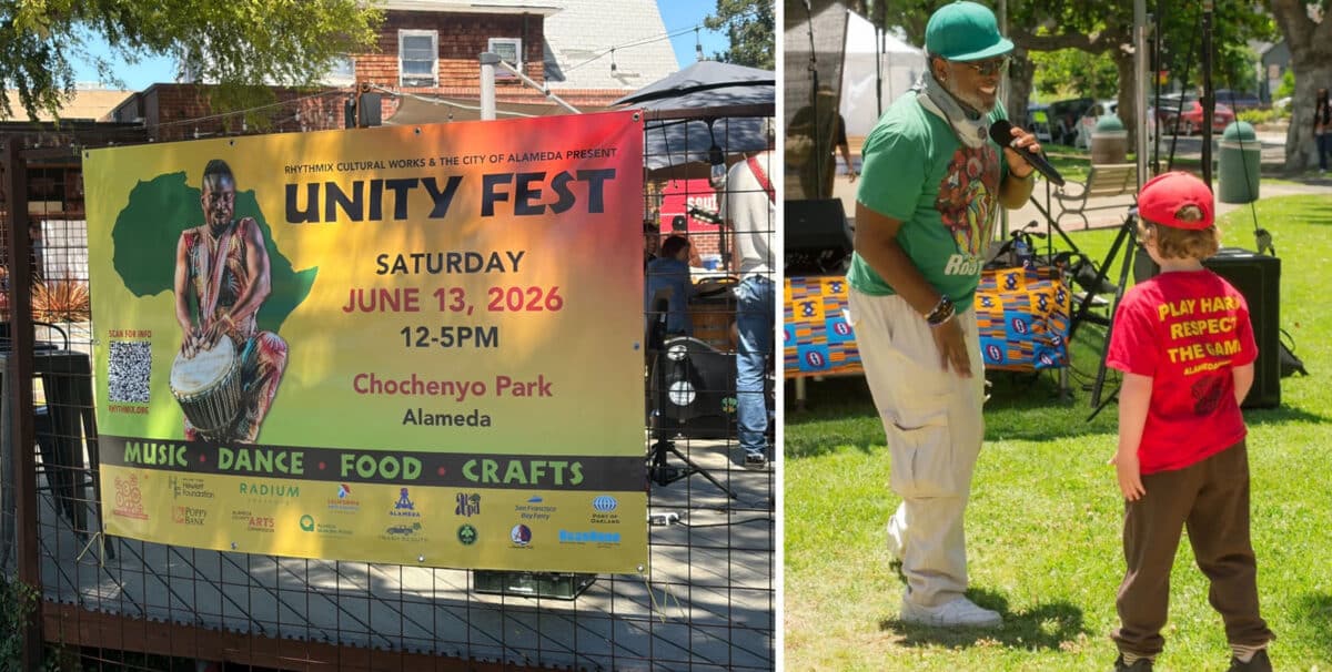 Alameda Post - A photo of the poster for Unity Fest hanging on a fence, and a photo of a man with a microphone smiling and performing next to a child.