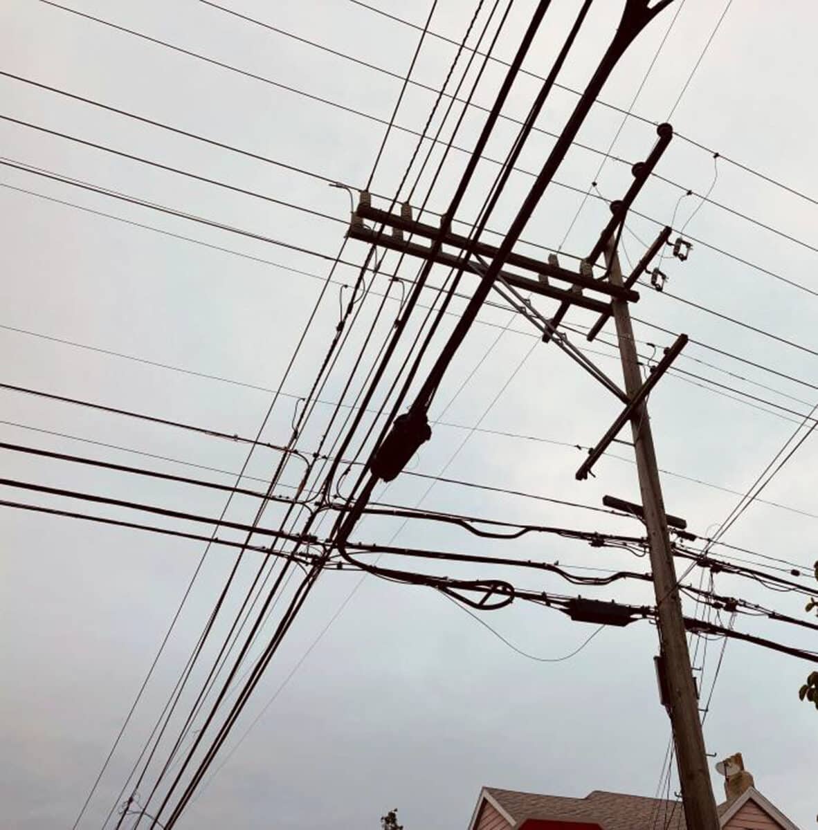 Alameda Post - A photo taken looking up at lots of power lines criss crossing . 