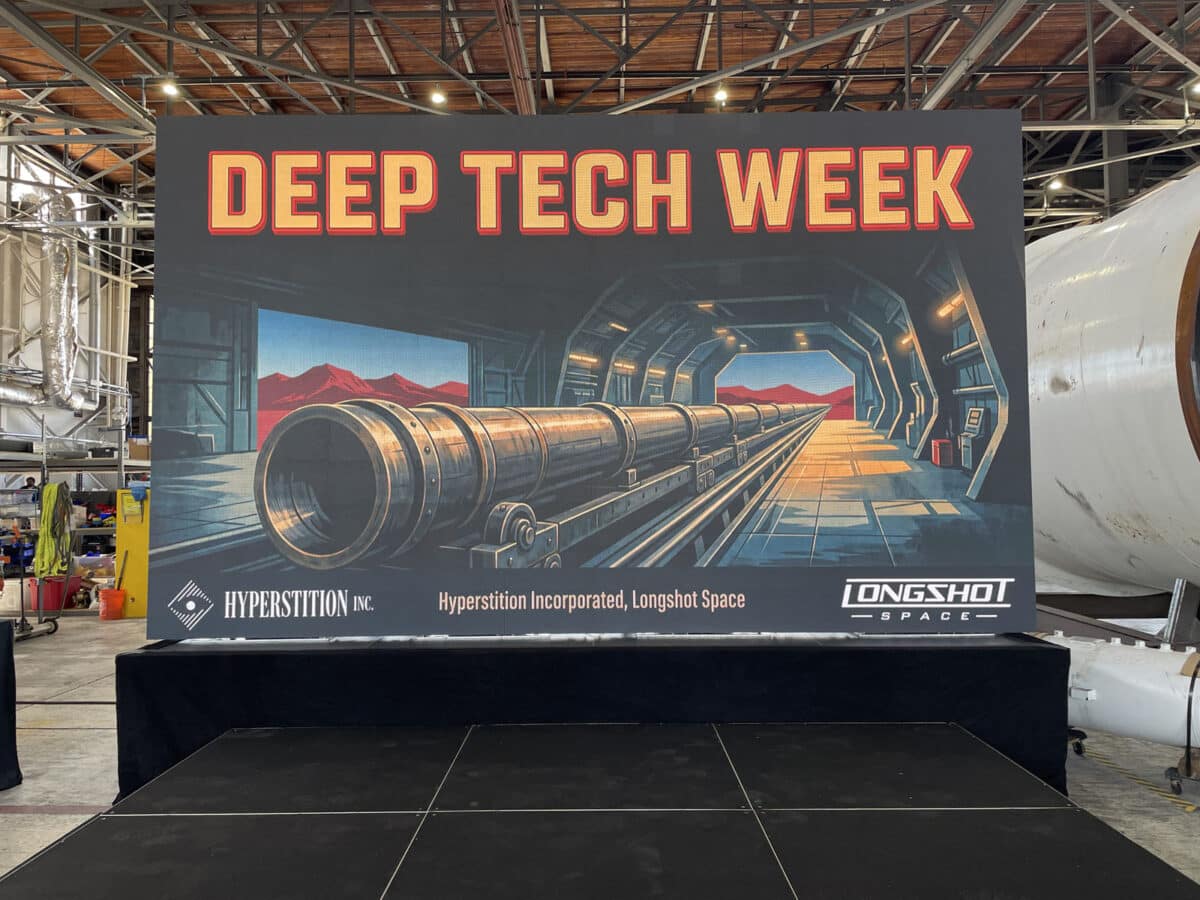 Alameda Post - A large poster for Deep Tech week in an industrial building. 