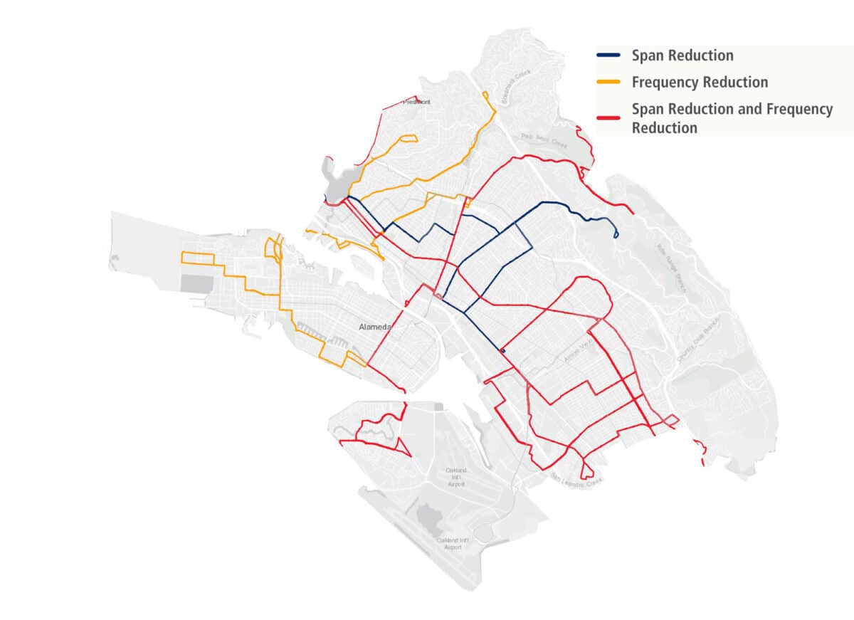 Alameda Post - A map of A.C. Transit bus routes and indications as to the type of reduction in service they would receive during the Proposed Contingency Service Plan.